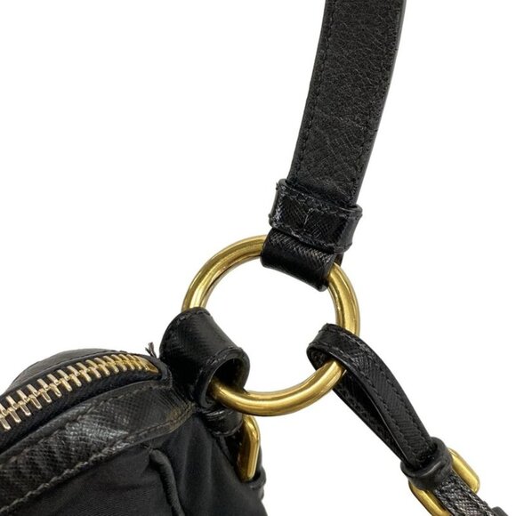 Prada Shoulder Bag Logo Jacquard Black Leather Tag - Picture 10 of 15